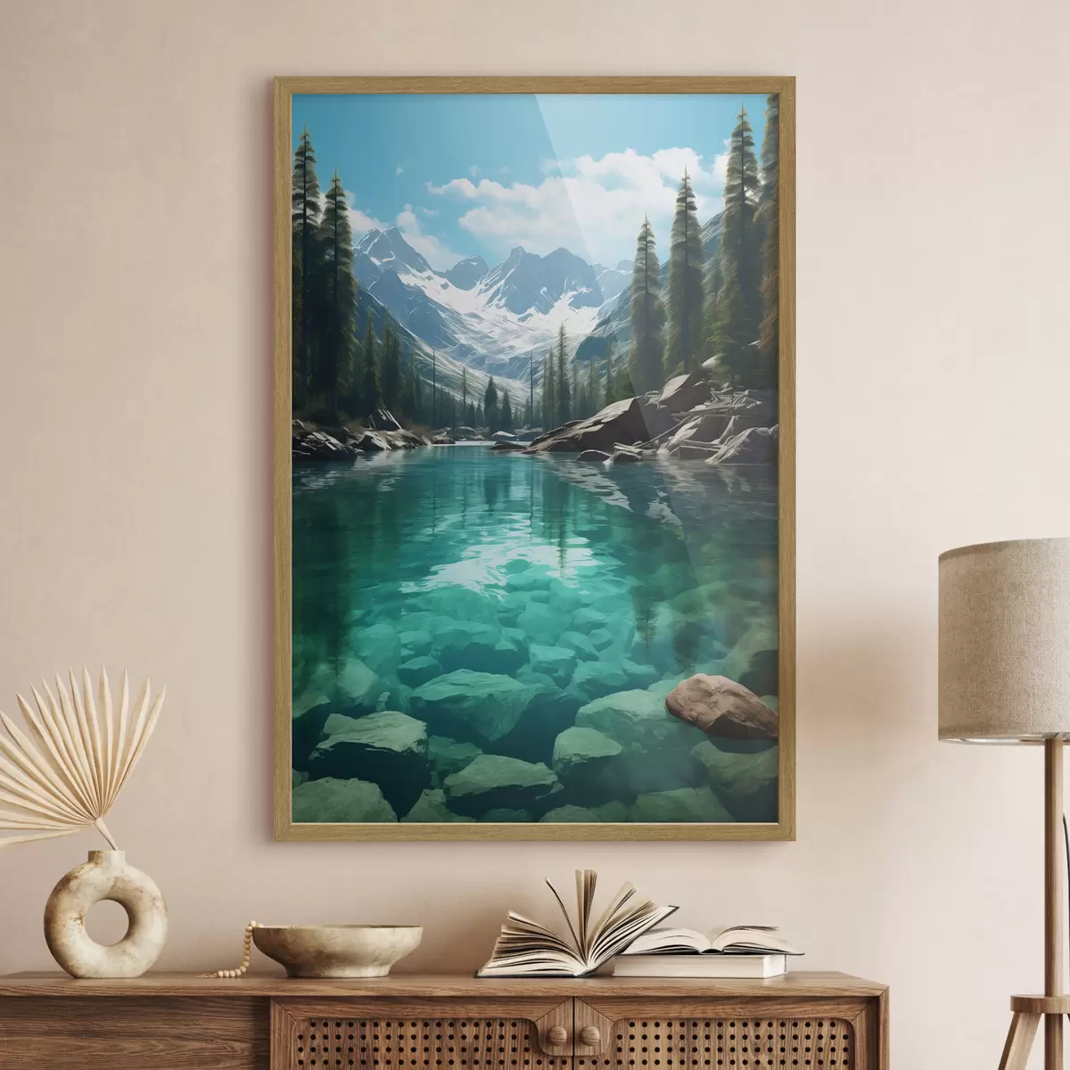 Poster Rivière alpine limpide avec lit rocheux et sommets enneigés f46514