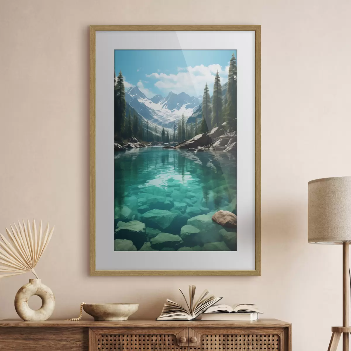 Poster Rivière alpine limpide avec lit rocheux et sommets enneigés f46514