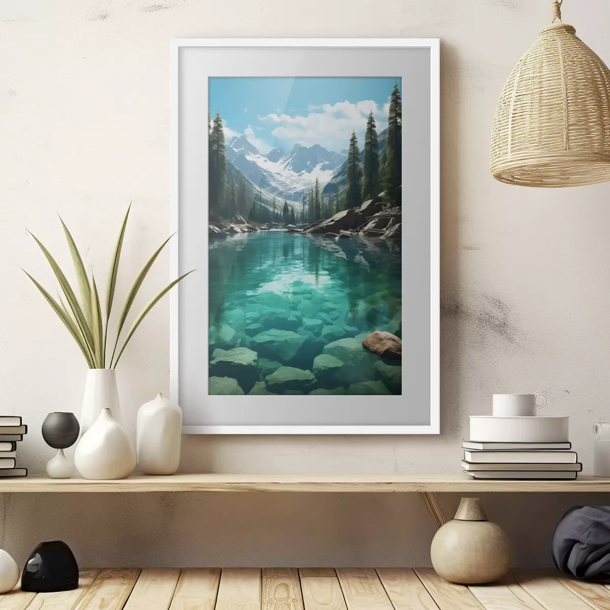 Poster Rivière alpine limpide avec lit rocheux et sommets enneigés f46514