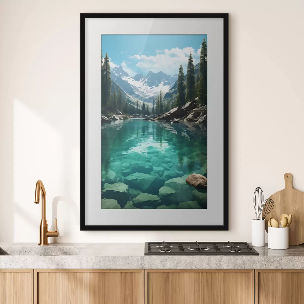 Poster Rivière alpine limpide avec lit rocheux et sommets enneigés f46514