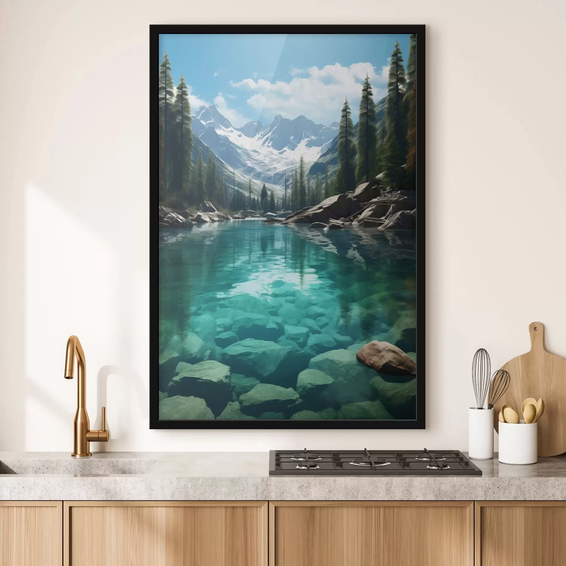 Papier peint Rivière alpine limpide avec lit rocheux et sommets enneigés f46514