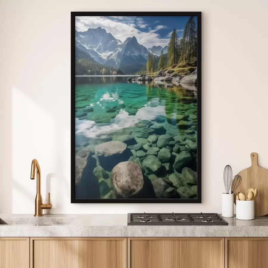 Papier peint Lac alpin émeraude avec des rochers en contrebas et des pics imposants f46515