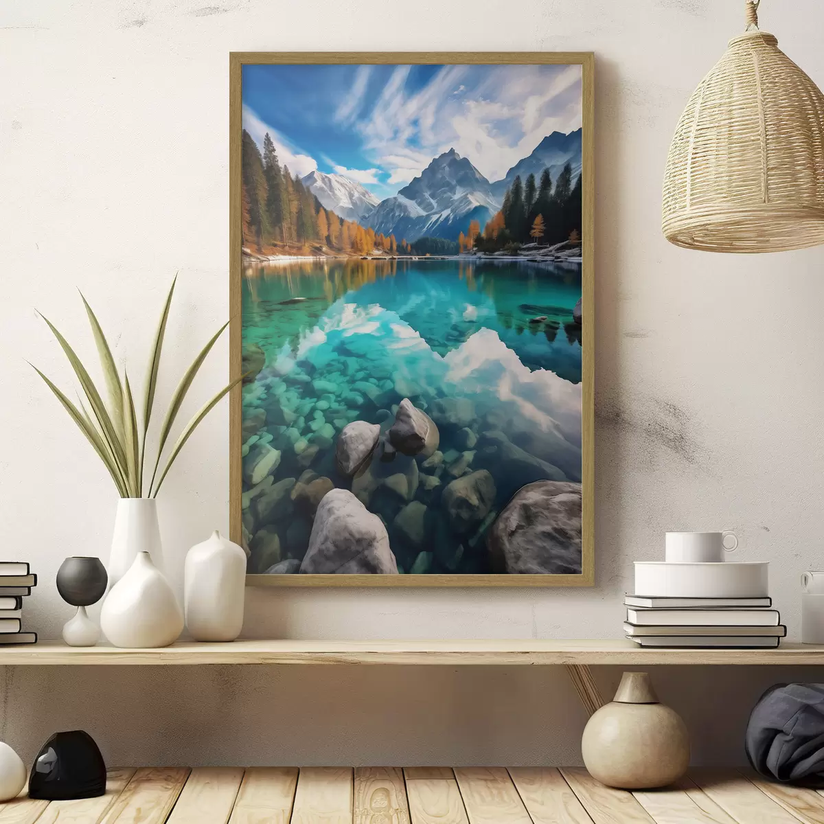 Poster Lac de montagne aux eaux turquoise et mélèzes automnaux f46517