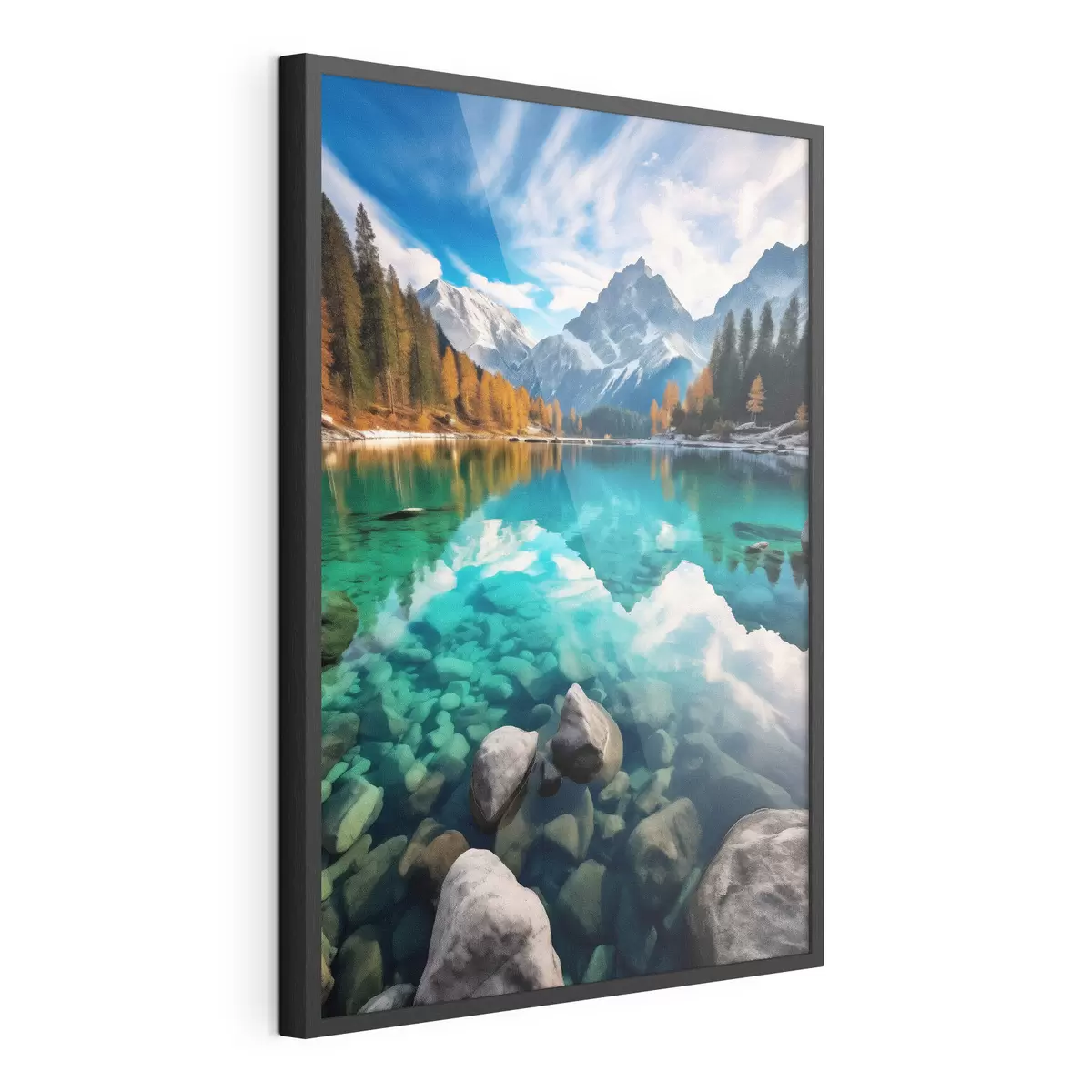 Poster Lac de montagne aux eaux turquoise et mélèzes automnaux f46517