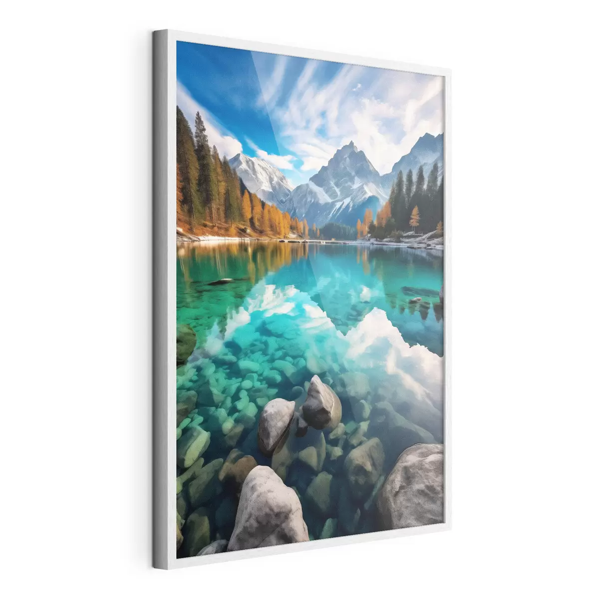 Poster Lac de montagne aux eaux turquoise et mélèzes automnaux f46517