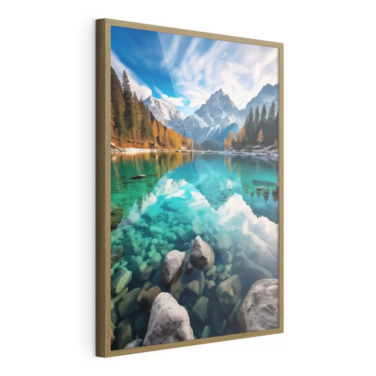 Poster Lac de montagne aux eaux turquoise et mélèzes automnaux f46517