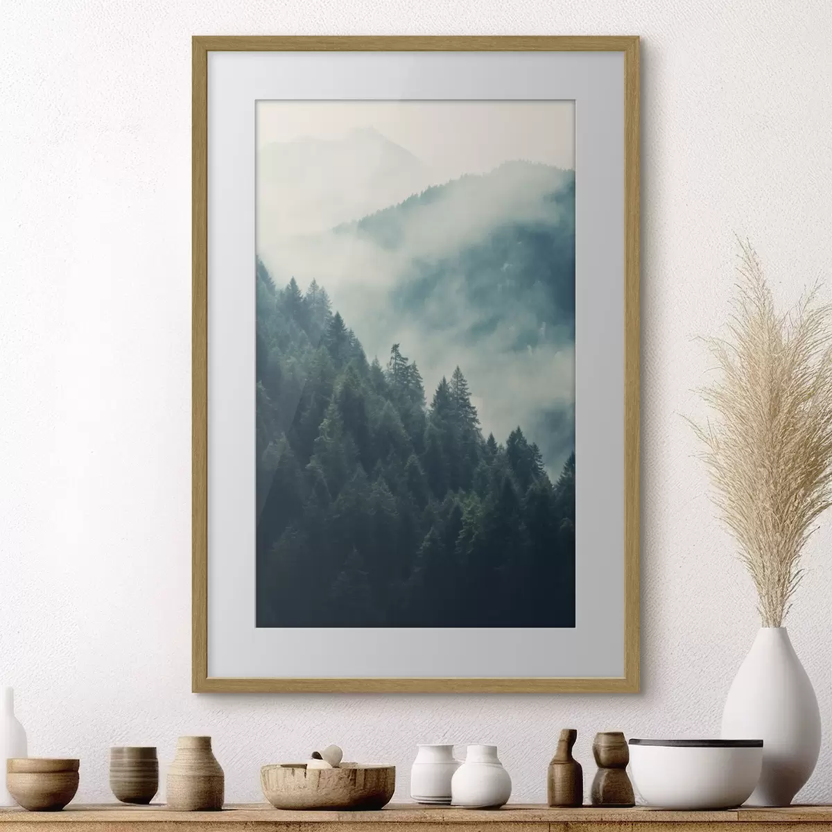 Poster Crêtes montagneuses brumeuses et forêt sombre de conifères f46518