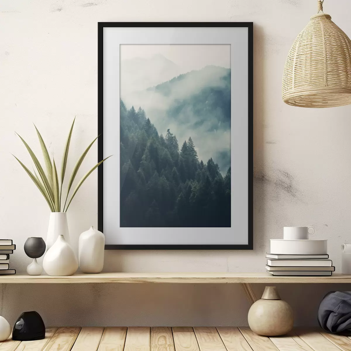 Poster Crêtes montagneuses brumeuses et forêt sombre de conifères f46518