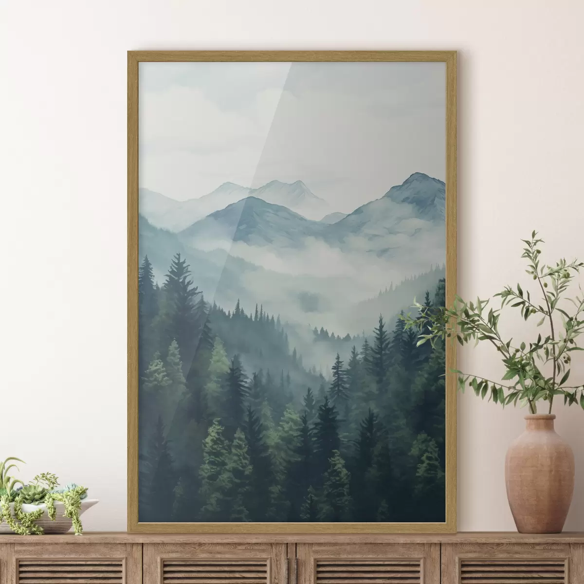 Poster Montagnes et forêt aquarellées dans la douce brume matinale f46519