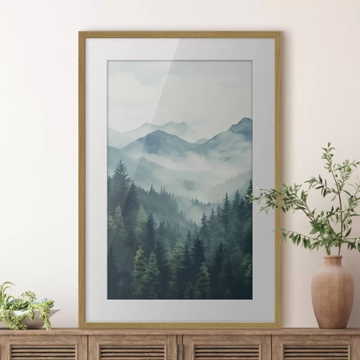 Poster Montagnes et forêt aquarellées dans la douce brume matinale f46519
