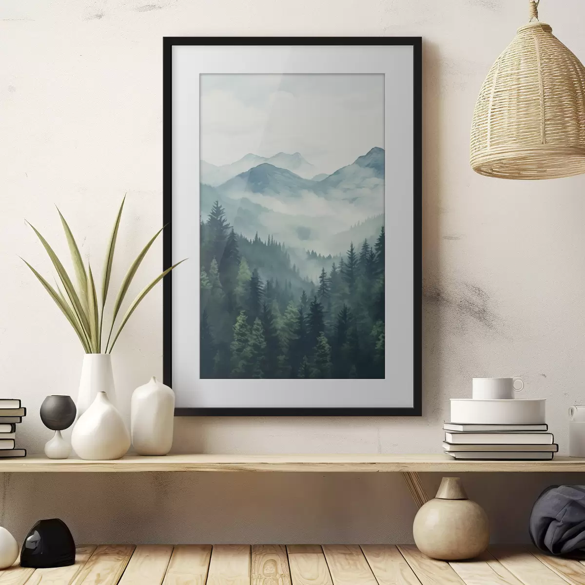 Poster Montagnes et forêt aquarellées dans la douce brume matinale f46519