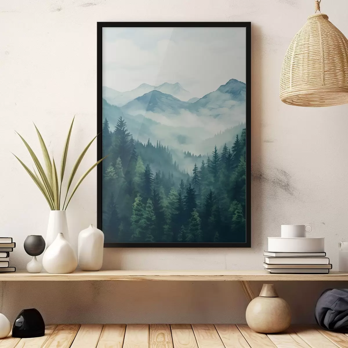 Poster Montagnes et forêt aquarellées dans la douce brume matinale f46519