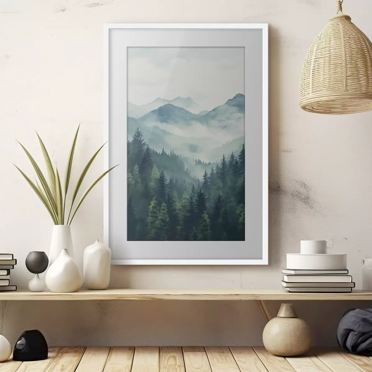 Poster Montagnes et forêt aquarellées dans la douce brume matinale f46519