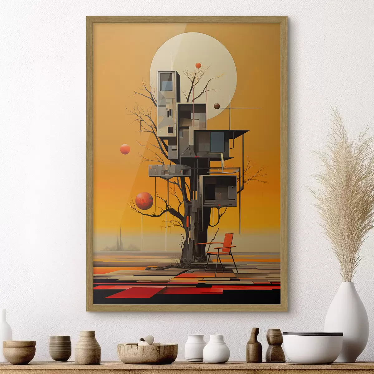 Poster Cabane surréaliste dans les arbres sur fond orange f46526