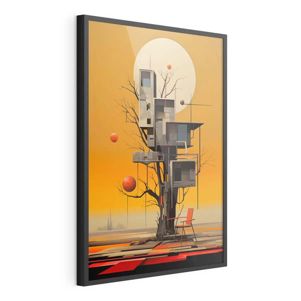 Poster Cabane surréaliste dans les arbres sur fond orange f46526