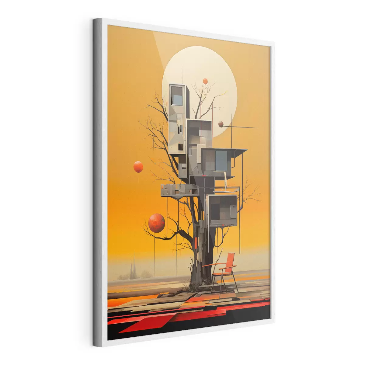Poster Cabane surréaliste dans les arbres sur fond orange f46526