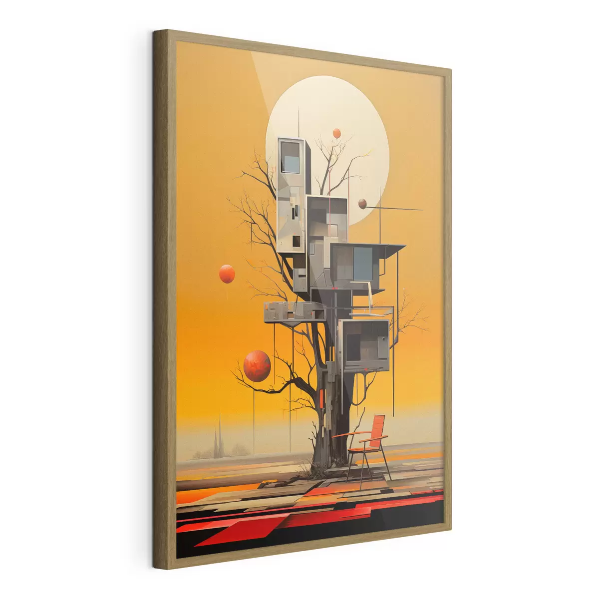 Poster Cabane surréaliste dans les arbres sur fond orange f46526