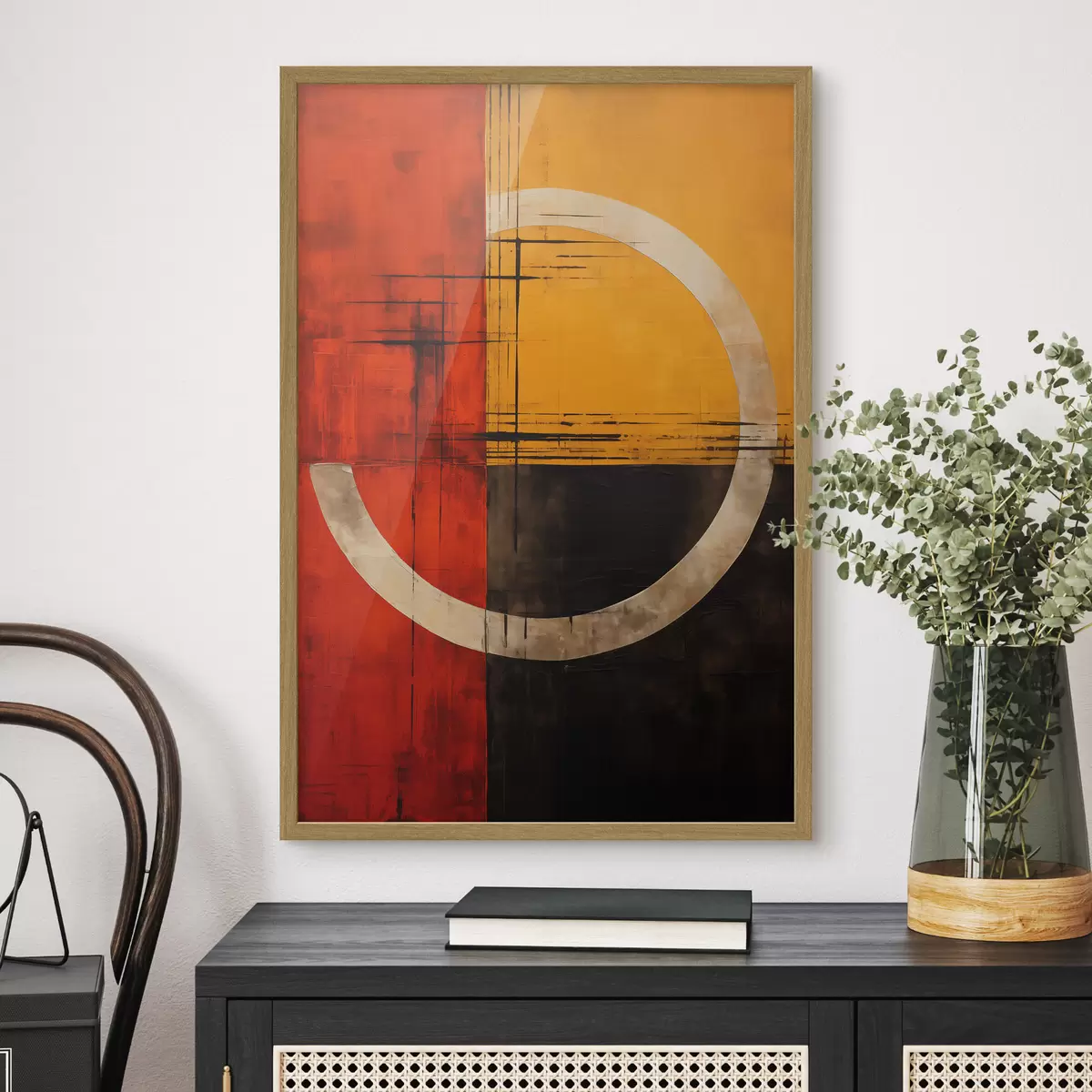 Poster Cercle abstrait sur fond rouge et noir avec des lignes f46535