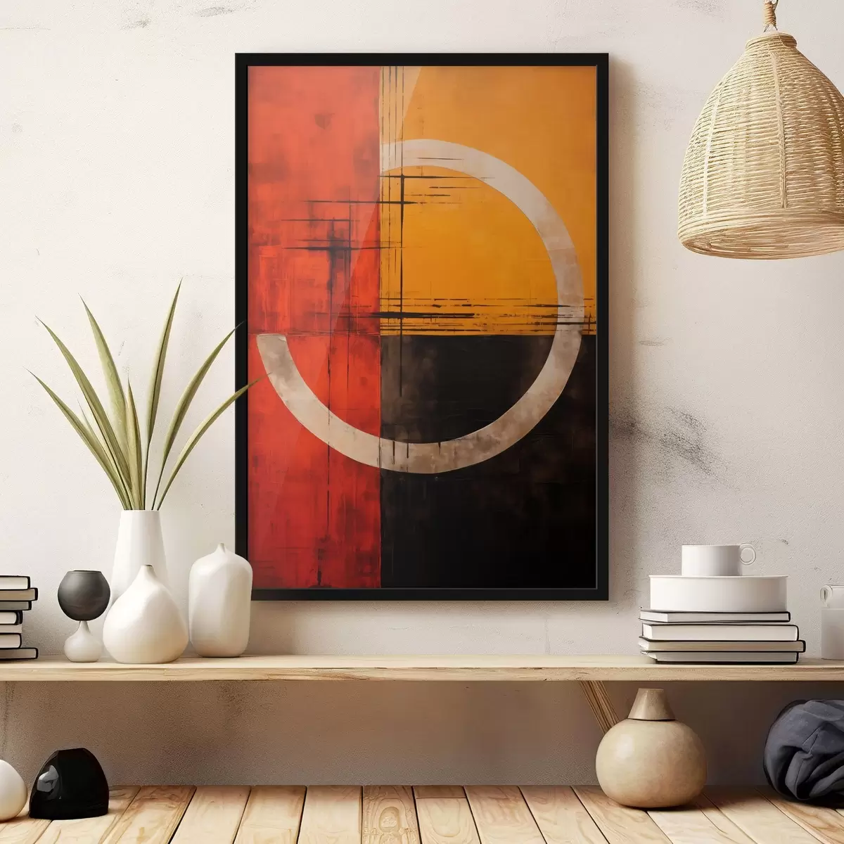 Poster Cercle abstrait sur fond rouge et noir avec des lignes f46535