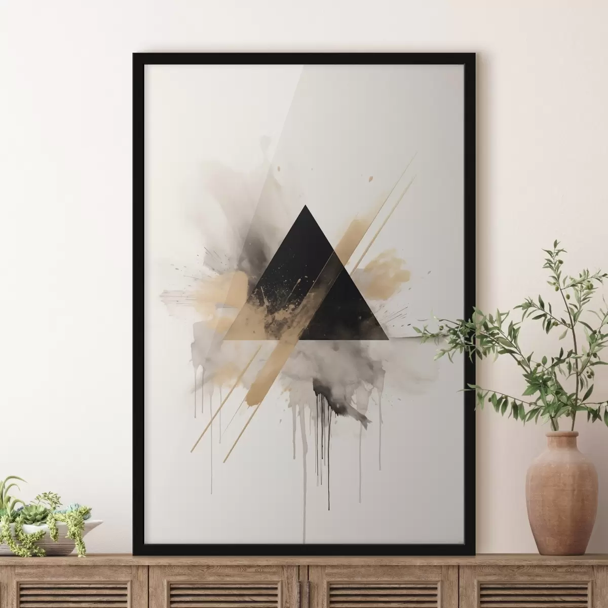 Poster Géométrie : triangle noir avec des éclaboussures et des lignes claires f46540