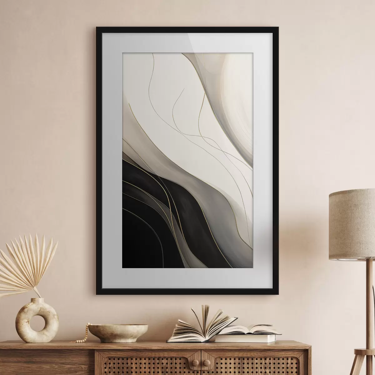 Poster Vagues noires et beiges avec de fines lignes ocres f46541