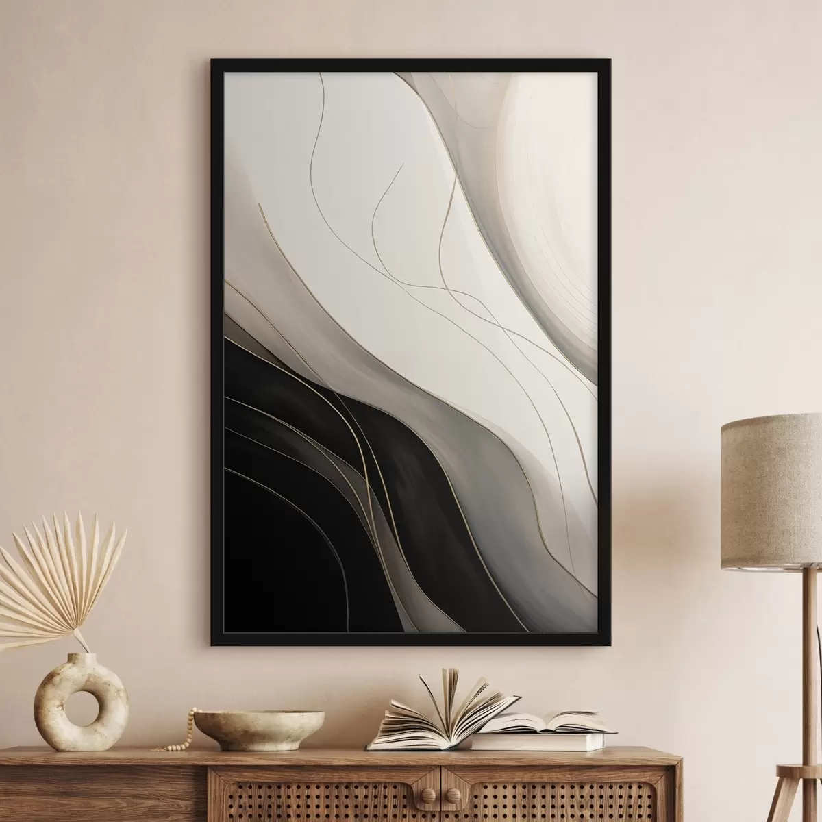 Poster Vagues noires et beiges avec de fines lignes ocres f46541