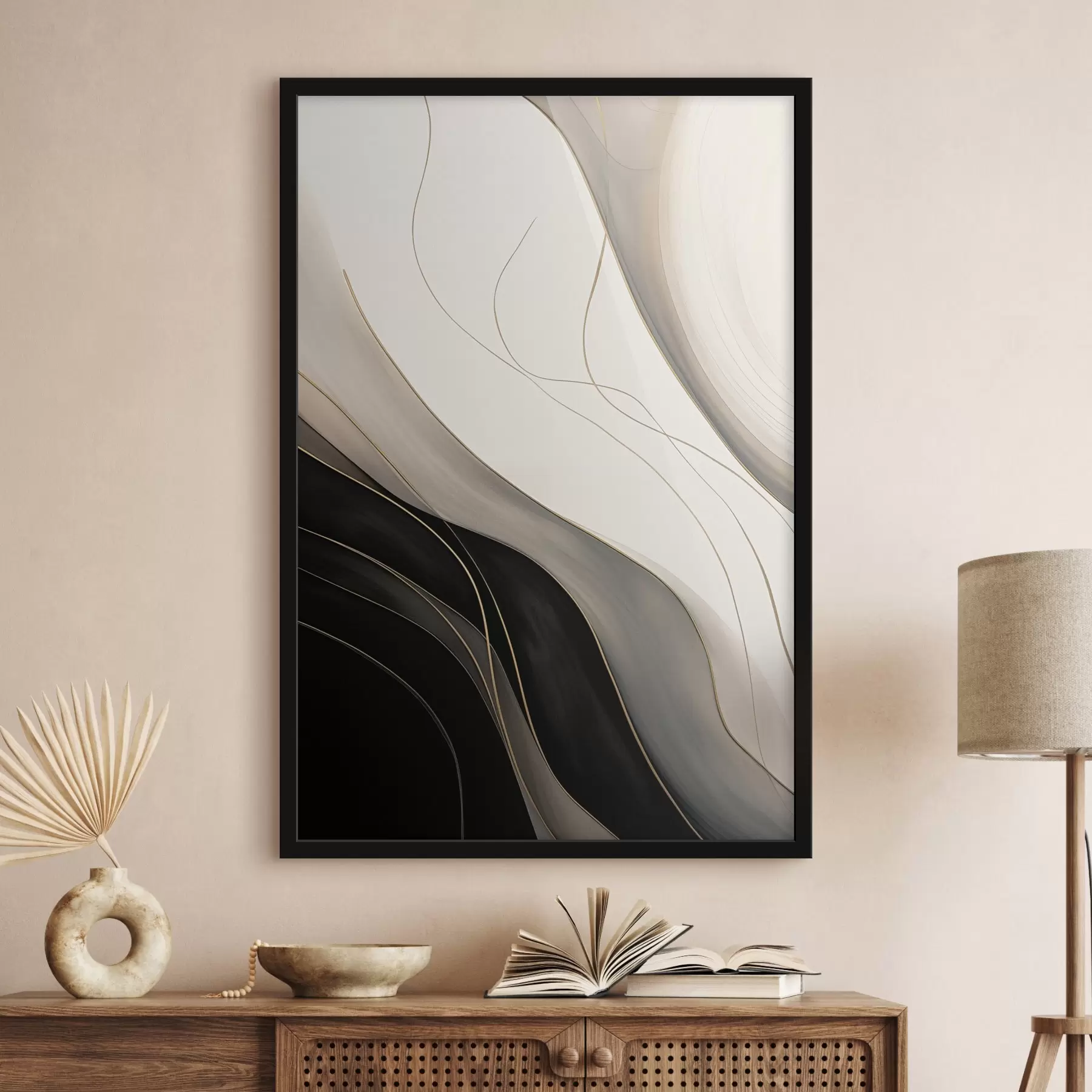 Papier peint Vagues noires et beiges avec de fines lignes ocres f46541