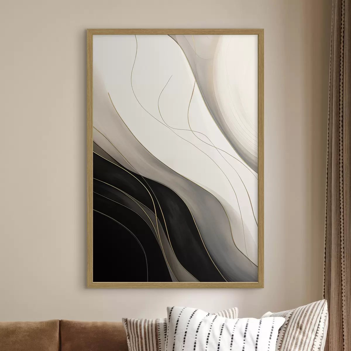Poster Vagues noires et beiges avec de fines lignes ocres f46541