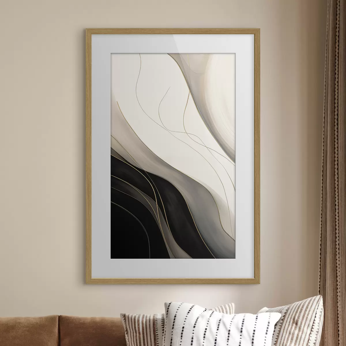 Poster Vagues noires et beiges avec de fines lignes ocres f46541