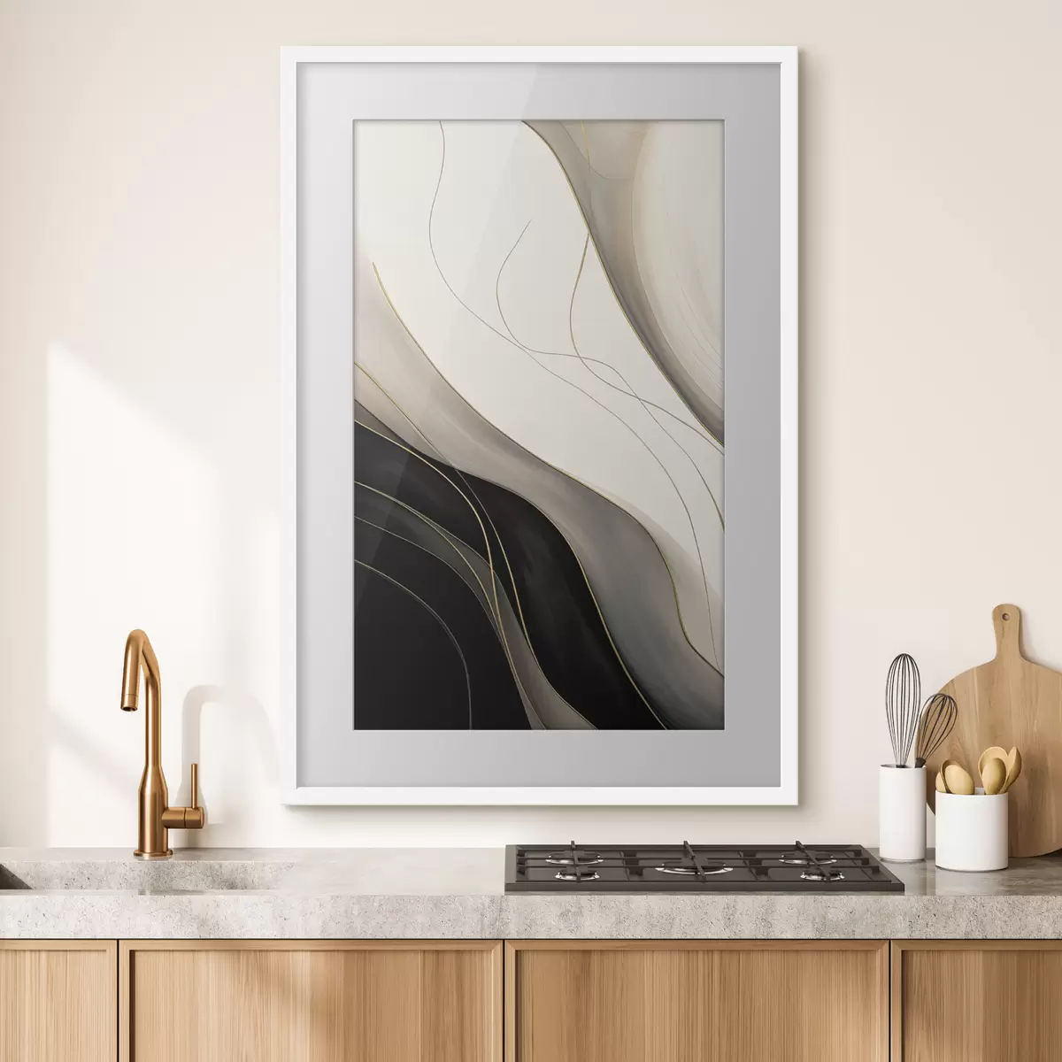Poster Vagues noires et beiges avec de fines lignes ocres f46541