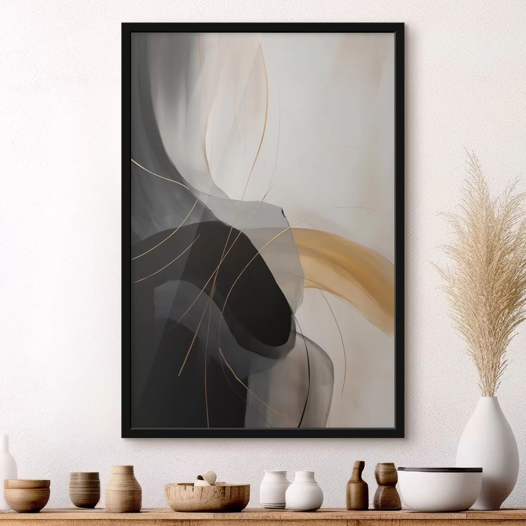 Papier peint Courbes douces en noir et beige avec une touche chaleureuse f46542