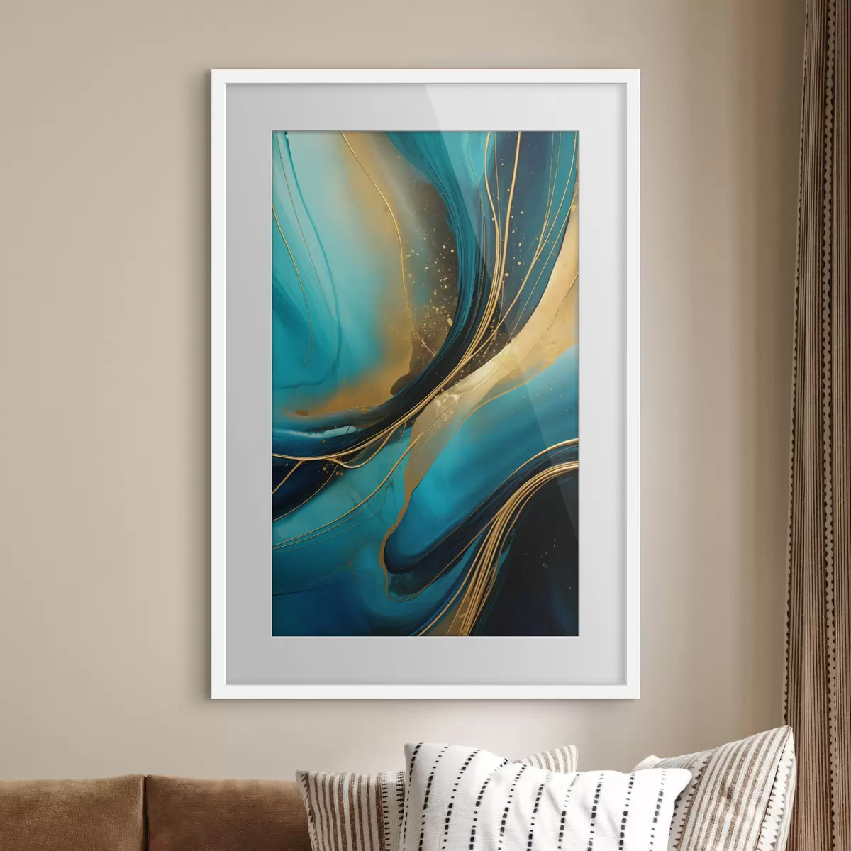 Poster Flux turquoise avec de fins fils ocre f46543