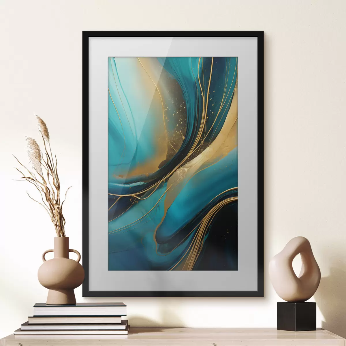 Poster Flux turquoise avec de fins fils ocre f46543