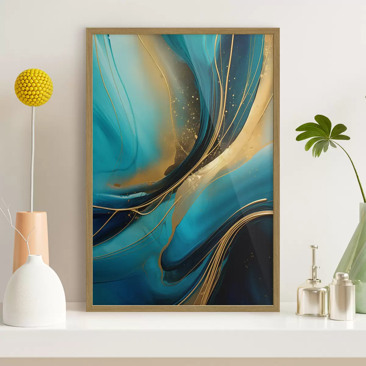 Poster Flux turquoise avec de fins fils ocre f46543