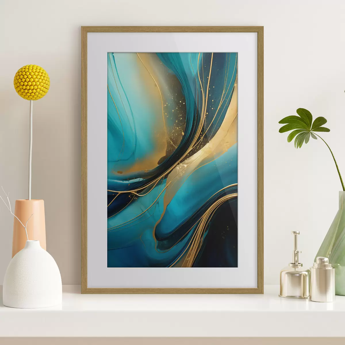 Poster Flux turquoise avec de fins fils ocre f46543