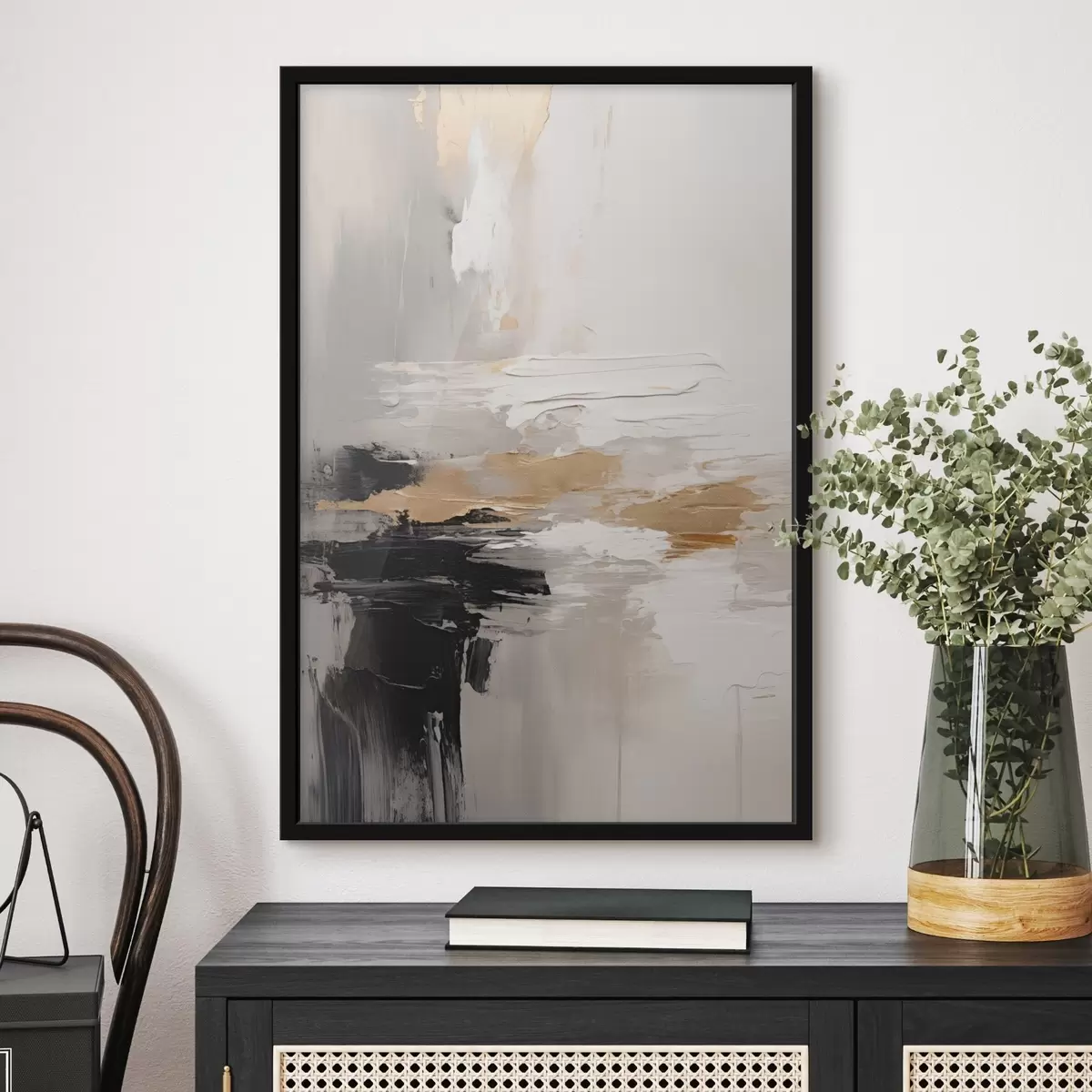 Poster Couches contrastées de noir et d'ocre sur fond nude f46544