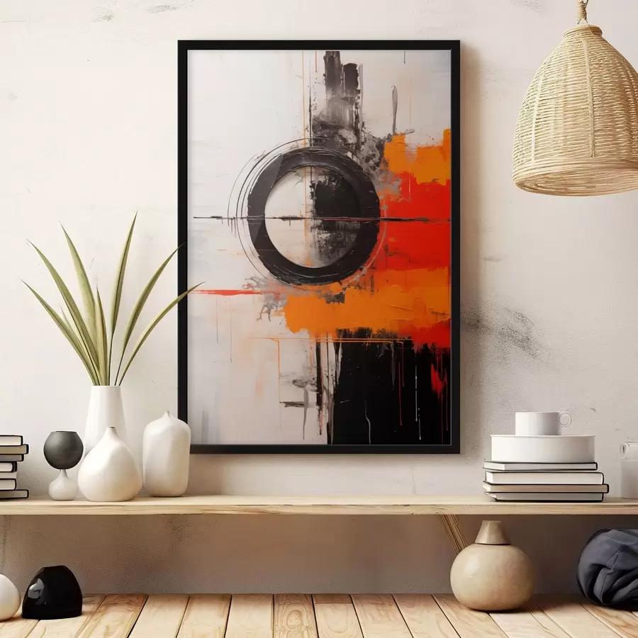 Papier peint Cercle noir sur fond blanc, traits et éclaboussures orange f46549