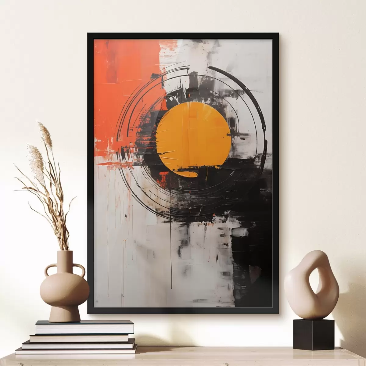 Poster Disque orange dans un anneau noir, traits et éclaboussures f46550