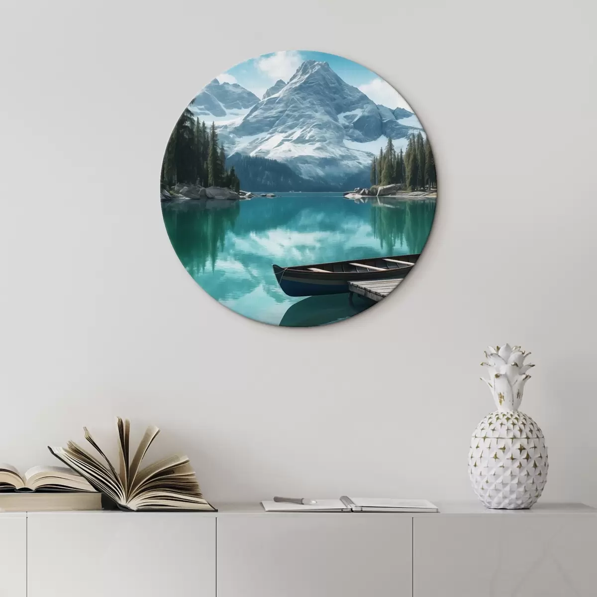 Tableaux rondes Lac alpin avec canoë et sommets enneigés r46481