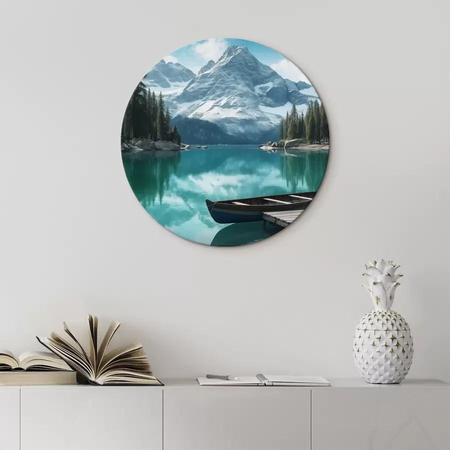 Tableau Lac alpin avec canoë et sommets enneigés r46481