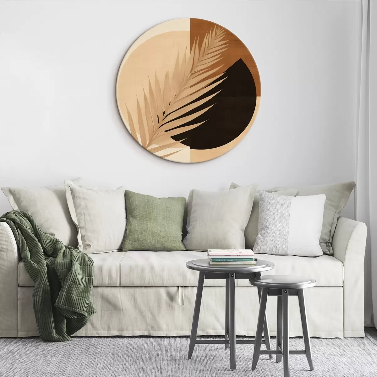 Tableaux rondes Feuille de palmier sur géométrie en terre cuite et crème r46490