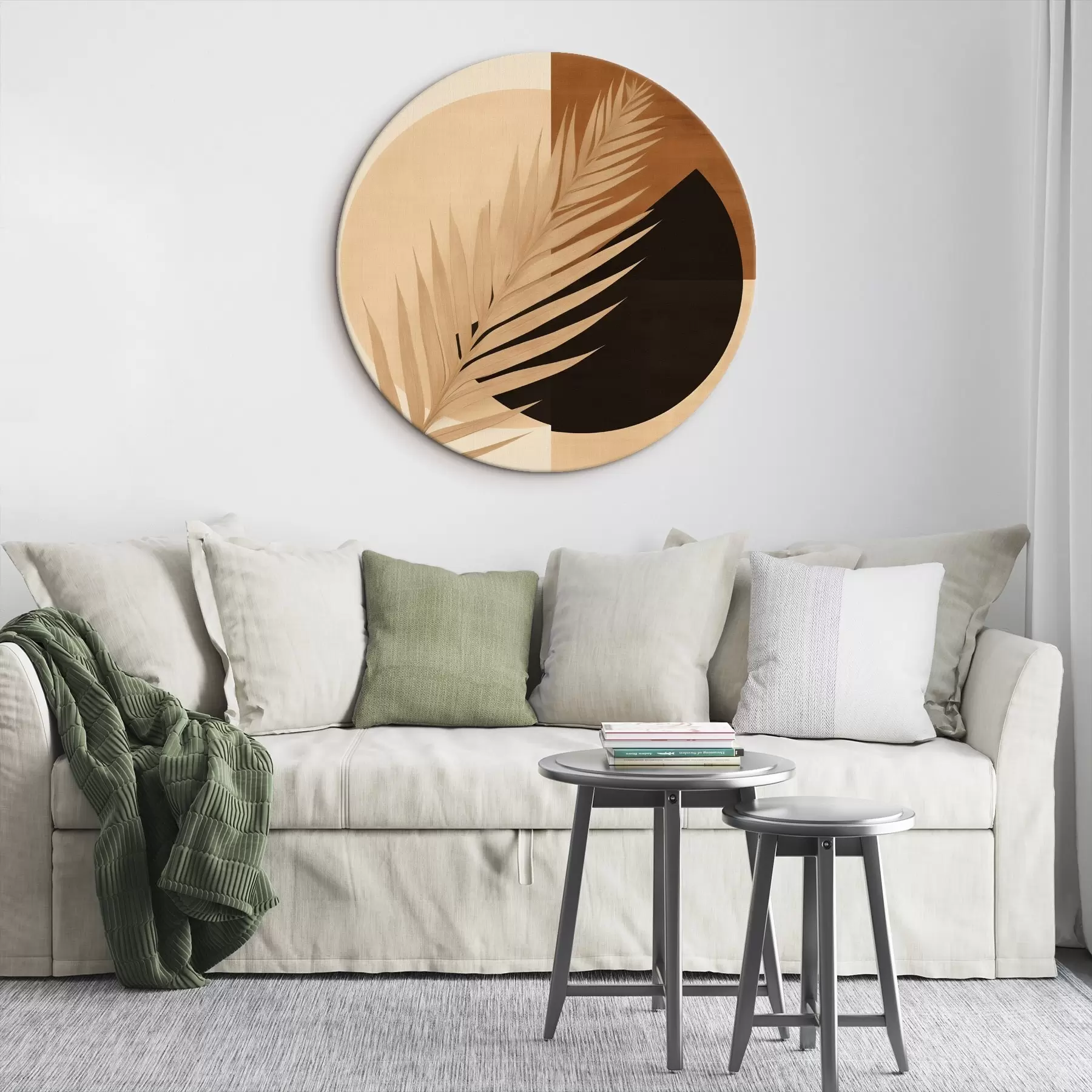 Tableau Feuille de palmier sur géométrie en terre cuite et crème r46490