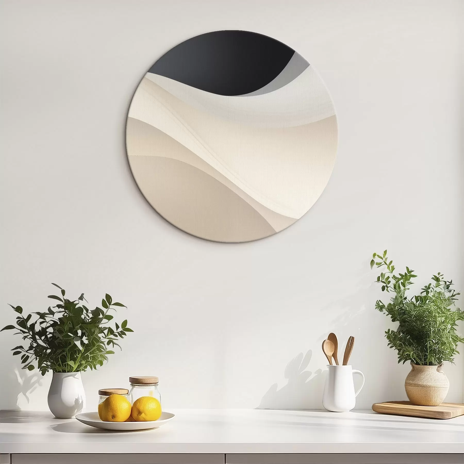 Tableau Courbes fluides superposées en noir, crème et taupe r46492