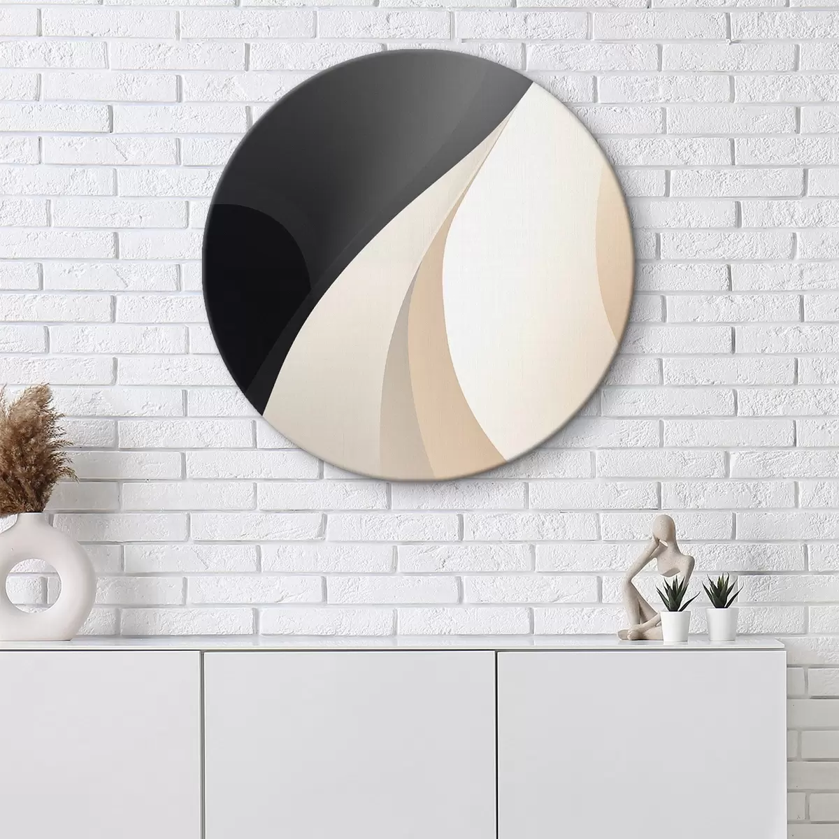 Tableaux rondes Courbes élégantes et superposées dans les tons charbon, ivoire et sable r46493