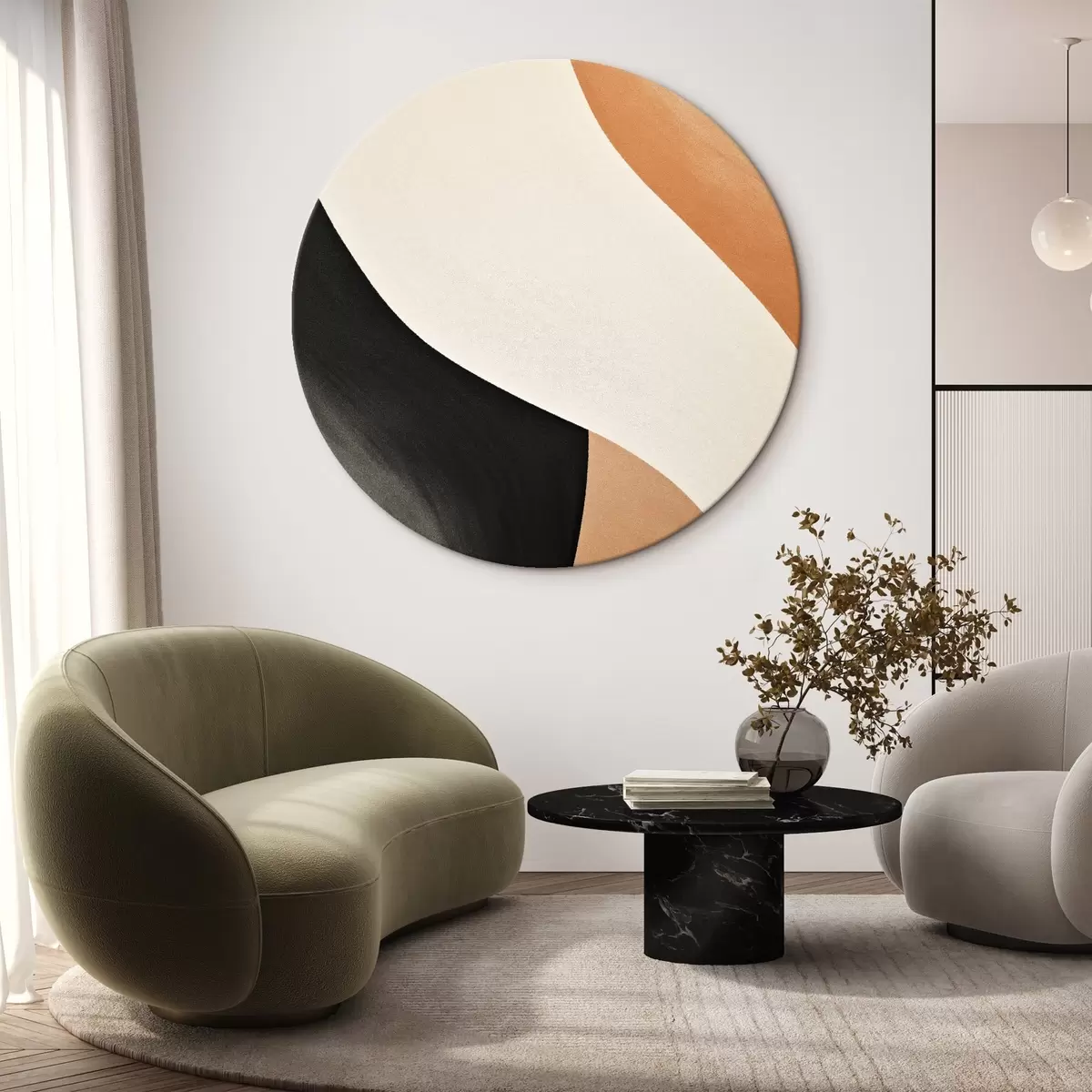 Tableaux rondes Courbe en S audacieuse dans des tons crème, noir et terracotta r46495