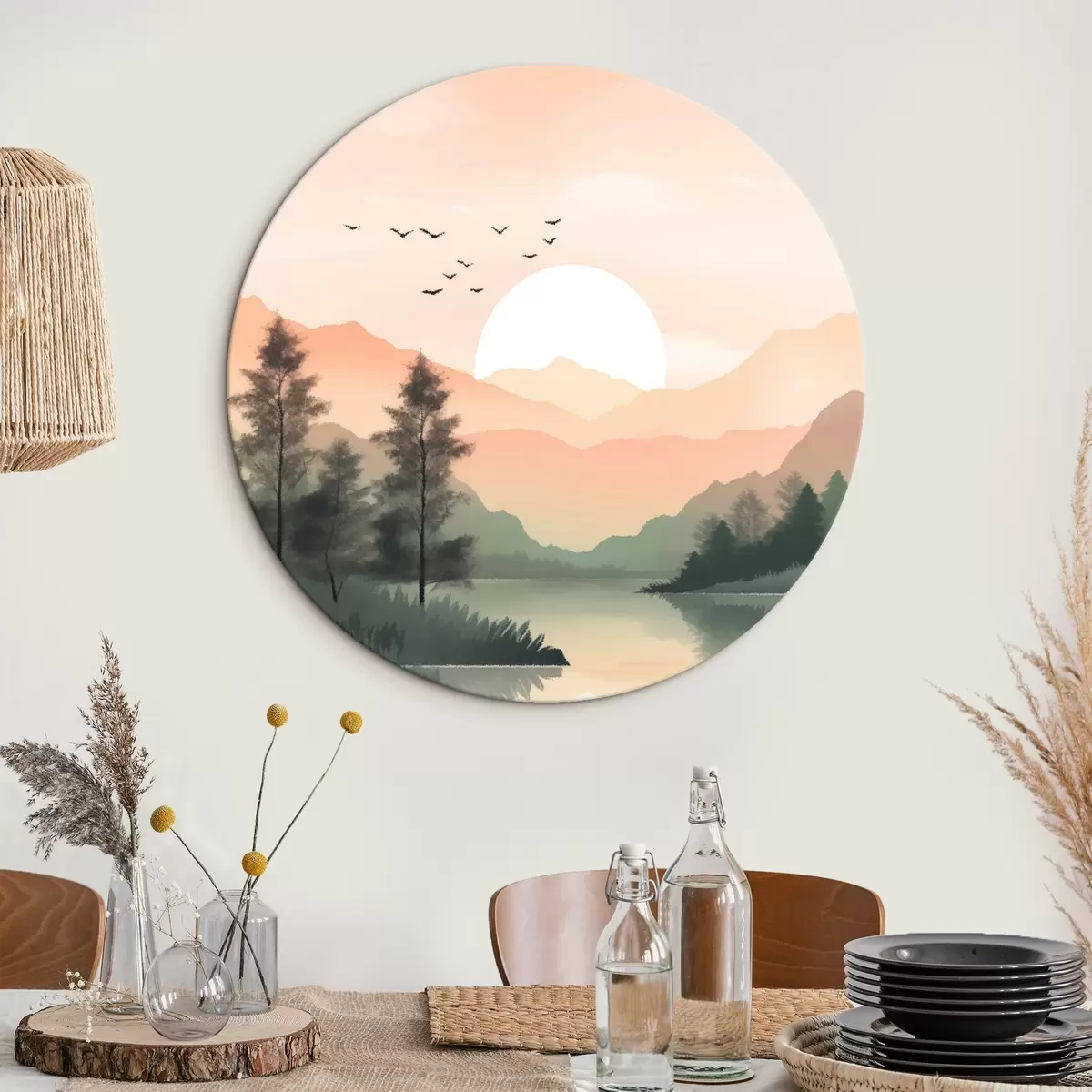 Tableaux rondes Coucher de soleil pastel sur un lac tranquille avec des collines lointaines et des oiseaux r46508