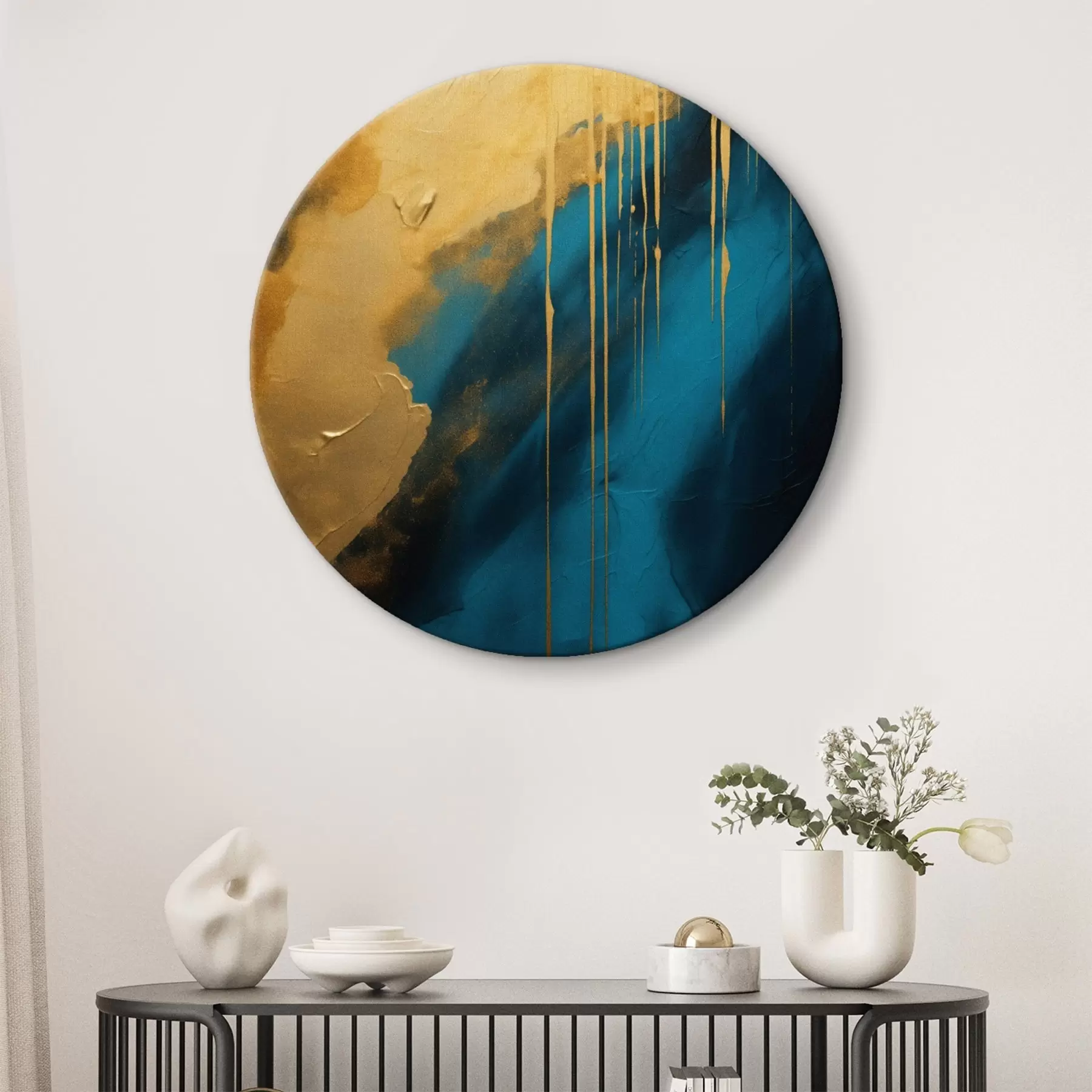 Tableau Abstrait bleu sarcelle et bleu foncé avec des reflets chauds fluides r46509