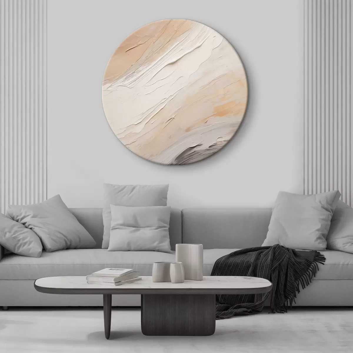 Tableaux rondes Enduit texturé tourbillonnant dans des tons beige chaud et gris doux r46511