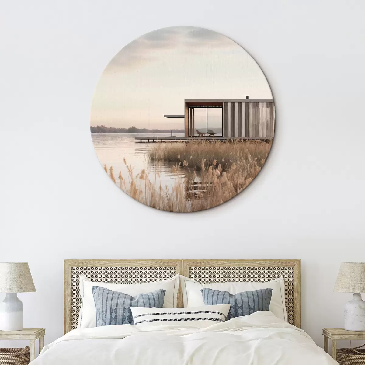Tableaux rondes Cabane moderne au bord d'un lac, parmi les roseaux, au crépuscule r46513