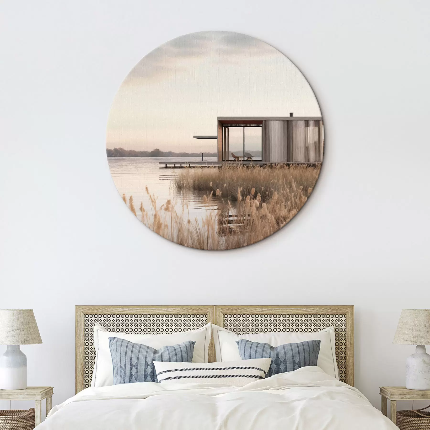 Tableau Cabane moderne au bord d'un lac, parmi les roseaux, au crépuscule r46513